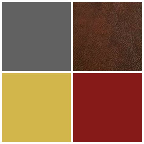 Tuscan Neutrals - Our living room color palette. Charcoal Gray / Country Red / Espresso Brown / Yellow Gold. Leather and gray upholstered furniture, red wood accents and warm brass fixtures. Brown Furniture Decor, Grey And Red Living Room, Dorm Room Color Schemes, Dorm Room Colors, Brown Living Room Decor, Color Palette Living Room, Yellow Furniture, Brown Color Schemes, Red Color Schemes