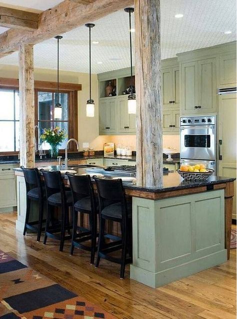 Load Bearing Wall Ideas, Kitchen Island With Columns, Country Kitchen Island, Diy Kitchens, Unique Kitchen Design, Rustic Kitchen Island, Kitchen Island Bar, Load Bearing Wall, Diy Cooking