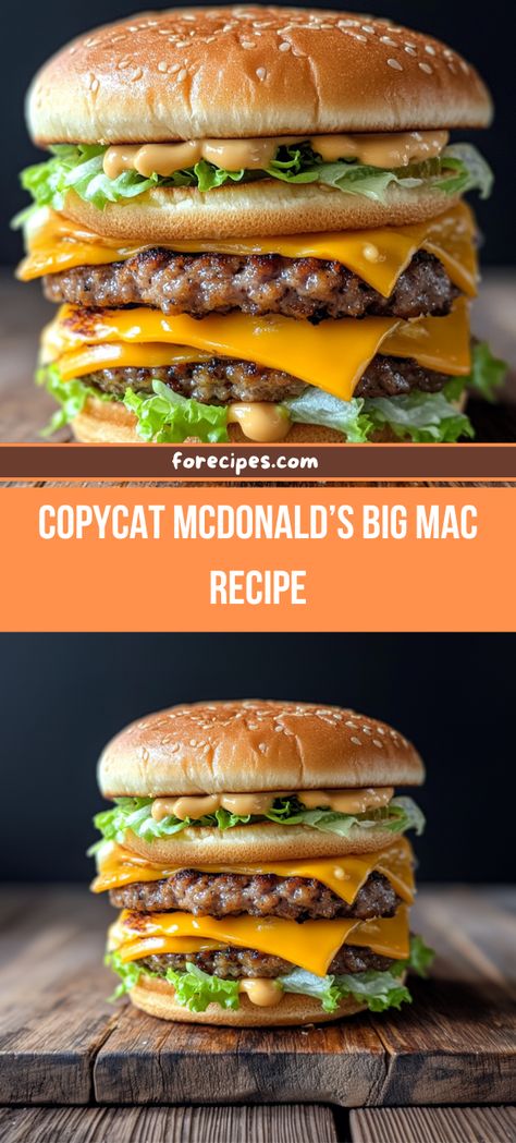 The Big Mac, McDonald's iconic burger, is famous for its special sauce and unique three-layer bun. Big Mac Recipes, Big Mac Recipe, Burgers Homemade, Mac Recipes, Lunch Casserole, Homemade Hamburger Patties, Food Esthetics, Mcdonalds Recipes, Homemade Big Mac