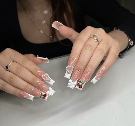 Buchi Fresa Nails, Christmas Nails With Charms, Cute Nails With Charms, Nail Designs Cherry, Cherry Nails Acrylic, Cherry Nails, Short Square Acrylic Nails, Unique Acrylic Nails, Nails For Women