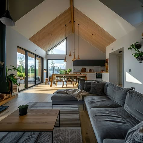 Gable Roof Kitchen, Gable Wall Windows, Ultra Modern Small Homes, Bungalow Vaulted Ceiling, Small Scandinavian House Interiors, Living Room With Wooden Ceiling, Kitchen And Living Room Open Space, Modern Living Room Vaulted Ceiling, Open Roof Living Room