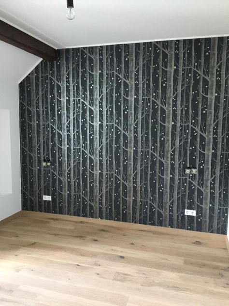 Woods And Stars Wallpaper, Goth Cabin Interior, Harry Potter Bedroom Wallpaper, Hallway Wallpaper Ideas, Woods Wallpaper, Star Bedroom, Hallway Wallpaper, Pretty Furniture, Dark Home Decor