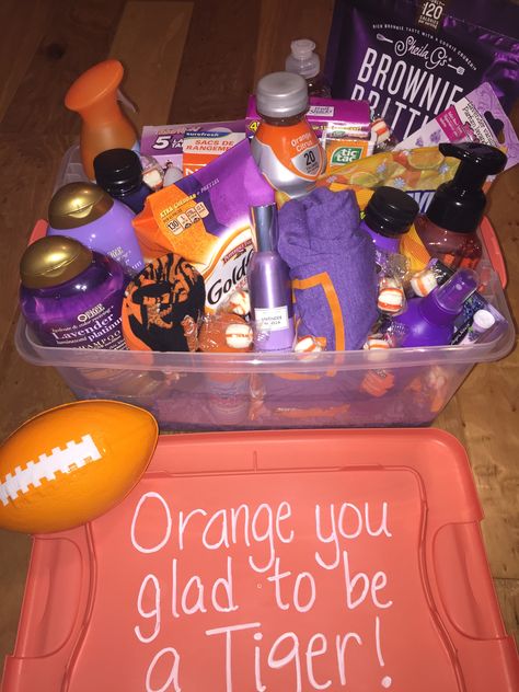 Purple Care Package, Clemson University Dorm, Clemson Gifts, Graduation Party University, Girl College Dorms, Trunk Party, University Dorm, Finals Gift, College Grad Gifts