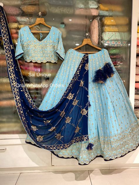 Lehnga For Brother Marriage, Sky Blue Combination Colours, Lehenga Designs Blue, Lehenga Choli Color Combinations, Sky Blue Lehenga Combination, Sky Blue Outfit Color Combos, Sky Blue Color Combinations, Lehenga With Contrast Dupatta, Lehenga Designs Latest