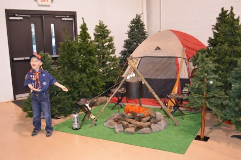 Camping Display Ideas, Blue And Gold Camping Theme, Camping Stage Design, Vbs Camping Theme, Camping Display, Camp Out Vbs, Blue And Gold Banquet, Camp Vbs, Banquet Centerpieces