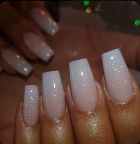 Glitter Acrylic Overlay Nails, White Ombré Christmas Nails, French Ombré With Glitter, Acrylic Nail Designs Glitter Ombre Sparkle French Tips, Sparkle Nails White, White Sparkle Nails Glitter, Sparkly White Acrylic Nails, White Sparkle French Tip Nails, White Sparkle Nails Acrylic