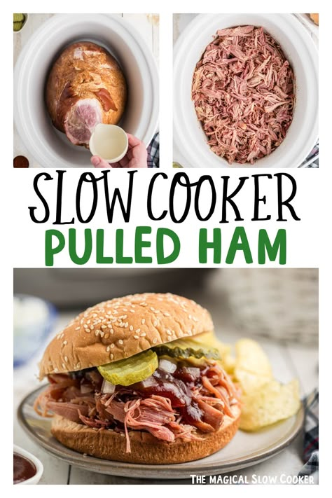 Slow Cooker Pulled Ham Ham Bbq Crockpot Chipped, Pulled Ham In Oven, Pulled Ham Recipes, Crockpot Ham Recipes, Pulled Ham, Spicy Ham, Ham Recipes Crockpot, Crockpot Meat, Slow Cooker Baked Beans