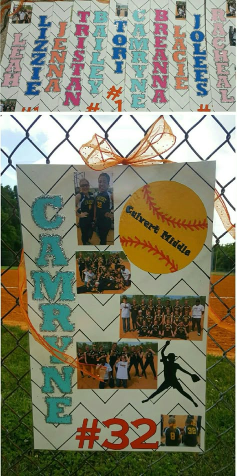 Made this for the Calvert Middle School 8th grade girls for their last regular season softball game. Like a senior night for 8th graders. Softball Posters For Senior Night, Senior Day Posters Softball, Softball Senior Poster Ideas, Senior Night Decorations Softball, 8th Grade Volleyball Night Gifts, 8th Grade Night Baseball Ideas, Softball Posters For Games, Senior Poster Board Ideas Softball, Softball Senior Posters