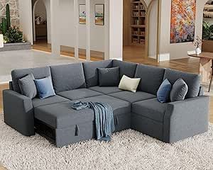 Jocisland Sofa Bed, 85 Inch Sleeper Sofa with Pull Out Bed & Storage Seat, Oversized L Shape Sectional Sofa for Living Room Apartment, Grey Linen Reversible Couch Sofa With Pull Out Bed, Built In Sofa, Grey Sofas, Couches For Living Room, Sectional Couches, L Shaped Couch, Storage Chaise, Pull Out Bed, Sectional Sleeper Sofa