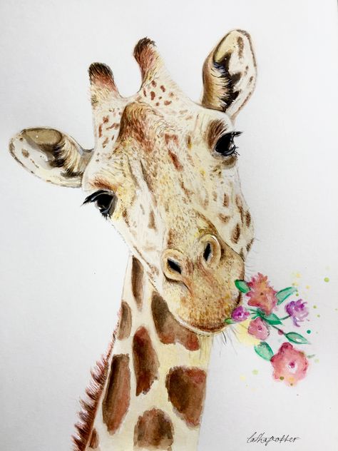 Giraffe With Flowers Drawing, Giraffe Pictures Art, Giraffe With Flowers, Watercolour Giraffe, Painting Giraffe, Giraffe Artwork, Giraffe Cake, Giraffe Watercolor, Watercolor Giraffe