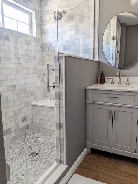 Master Bath Half Wall, Shower By The Window, Glass Shower Pony Wall, Shower Remodel No Glass Door, Showers With Windows Walk In, Shower With Windows In It, Walk In Shower Glass Door With Bench, Bathroom Shower Transom Window, Guest Bath Shower Ideas