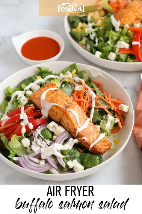 This Air Fryer Buffalo Salmon Salad is an easy, delicious meal. An air fryer results in perfectly tender and juicy salmon every single time. #airfryer #buffalo #salmon #salad Buffalo Salmon, Healthyish Recipes, Festival Foods, Salmon Salad Recipes, Air Fryer Salmon, Easy Meal Planning, Air Fryer Ideas, Family Meal Ideas, Gluten Free Main Dishes