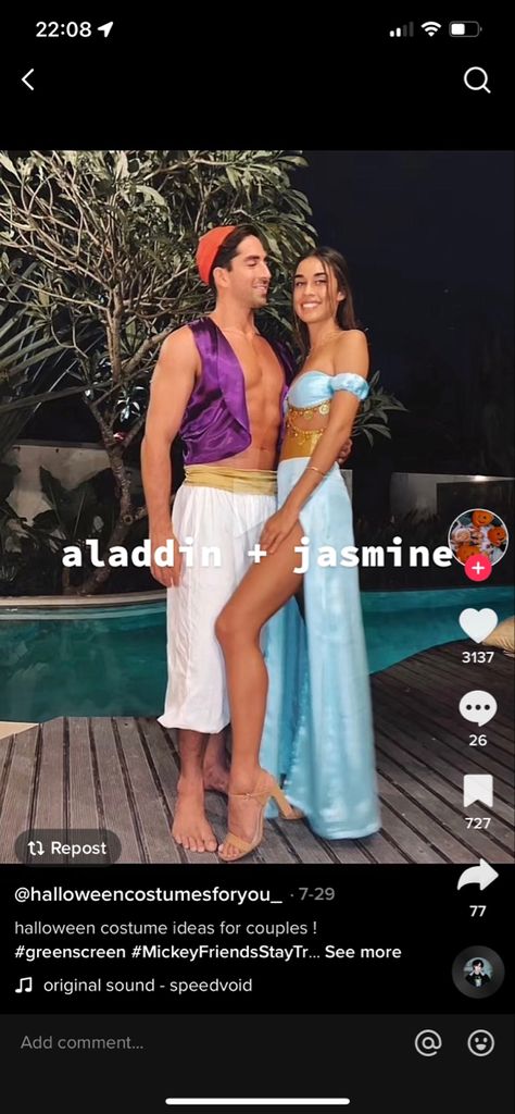 Jasmine Couple Costume, Jasmine And Alladin Costume Halloween, Alladin And Jasmine Costume Diy, Jasmine Halloween Costume College, Jasmine And Aladdin Costumes Couple, Jasmine And Aladdin Costumes, Alladin And Jasmine Halloween, Live Action Jasmine Costume, Jasmine And Aladdin Costume