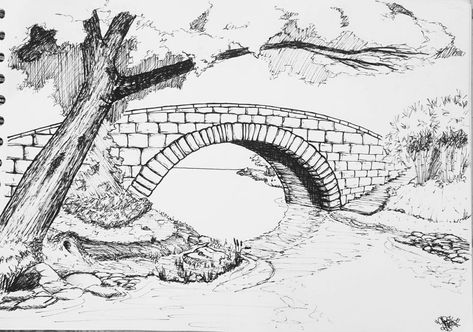 art arte art idea art drawing arts artes art aesthetic art aneme art animation  artfulness arteritis arter art idea Stone Bridge Drawing, Bridge Art Paintings, Path Drawing, River Drawing, Odyssey Art, Drawing Natural, Bridge Drawing, Drawing Nature, Draw Step By Step