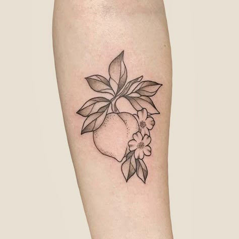 Black And White Peach Tattoo, Peach Tree Tattoo, Peach Tattoo Ideas, Peaches Tattoo, Peach Blossom Tattoo, Peach Tattoo, Anniversary Tattoo, Olive Branch Tattoo, Peach Shoes