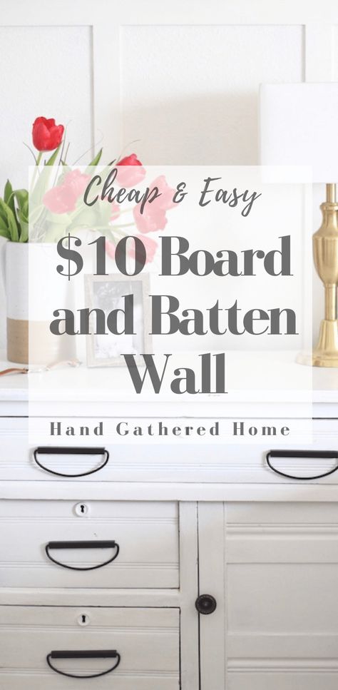 Cheap and Easy $10 Board and Batten Wall. An easy (and cheap) way to add character and interest to your home. Use it as a focal wall, or add it to your entire house. It's a classic design that's sure to add so much to any space. #homedecor #farmhousliving #farmhousestyle #boardandbatten #diy #doityourself #handmade #handcrafted #weekendproject #smallspaceliving #smallspacesquad #addcharacter #budgetfriendly #lowcost #lowbudget Cheap Feature Wall Ideas Easy Diy, Cheap Mudroom Ideas Easy Diy, Board And Batten Wallpaper, Shiplap Board And Batten, Diy Board And Batten Wall, Woven Blinds, Diy Board And Batten, Wrought Iron Bed, Batten Wall