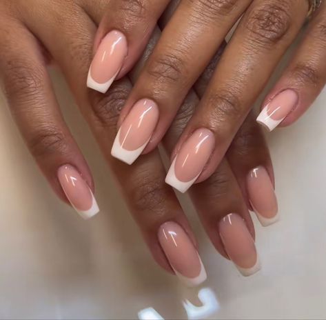 Short Acrylic Nails For Graduation, Pink Gel Nails Oval, Round Square French Tip Nails, Square Round French Tip, Square With Round Edge Nails, American Nails French, French Tips Pink Base, Round French Tip Nails Acrylics, Rounded Square French Tip Nails