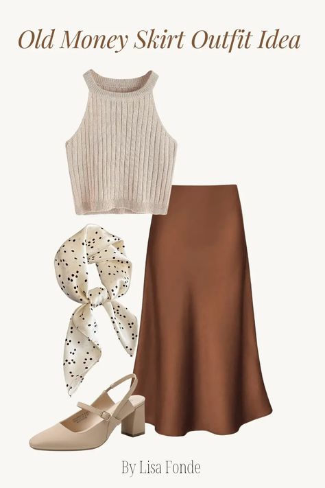 12 Satin Skirt Outfit Ideas for Summer - By Lisa Fonde Midi Skirt Silk Outfit, Classy Midi Skirt Outfits, Midi Slip Skirt Outfit Summer, Silk Skirt Outfit Classy Wedding, Bronze Silk Skirt Outfit, Satin Skirt Outfit Classy Winter, Brown Satin Skirt Outfit Summer, Satin Brown Skirt, Satin Skirts Ideas