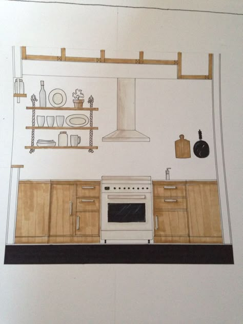 Kitchen Interior Design Drawing, Architecture Drawing Kitchen, Beginner Interior Design Sketches, Dream Kitchen Drawing, Kitchen Sketch Drawing Interior Design, Interior Design Kitchen Drawing, Interior Design Drawings For Beginners, Interior Design Sketches For Beginners, Kitchen Design Sketch