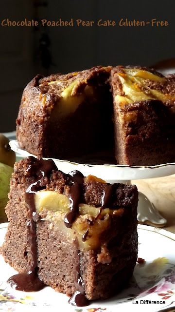 La Différence: Chocolate Poached Pear Cake (Gluten-Free) with Chocolate Sauce Pear Cake Gluten Free, Chocolate Pear Cake, Chocolate Almond Cake, Self Raising Flour, Drinking Chocolate, Pear Cake, Pear Recipes, Poached Pears, Chocolate Powder