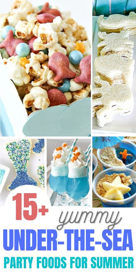 Beach Theme Menu Food Ideas, Ocean Birthday Food Ideas, Ocean Theme Appetizers, Water Theme Snacks, Beach Theme Snacks For Preschool, Splash Party Food Ideas, Beach Party Theme Food, Ocean Themed Party Snacks, Beach Themed Snacks For Adults