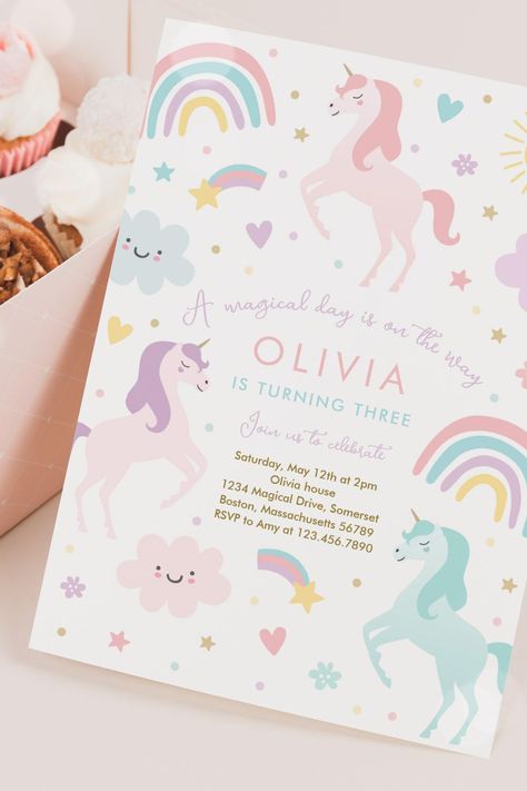 Magical Pastel Unicorn Rainbow Birthday Party Invitation Magical Birthday Invitations, Unicorn Third Birthday Party, Unicorn Rainbow Birthday Party, Unicorn Party Invitations, Pink Unicorn Party, Magical Birthday Party, Rainbow Unicorn Birthday Party, Birthday Deco, Unicorn Party Invites