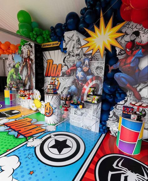 Avenger Party Decorations, Avengers Backdrop Ideas, Avengers Birthday Backdrop, Avengers Themed Birthday Party, Marvel 1st Birthday Party, Marvel Decorations Party, Marvel Backdrop, Marvel Party Ideas Decoration, Avengers Party Ideas Decoration