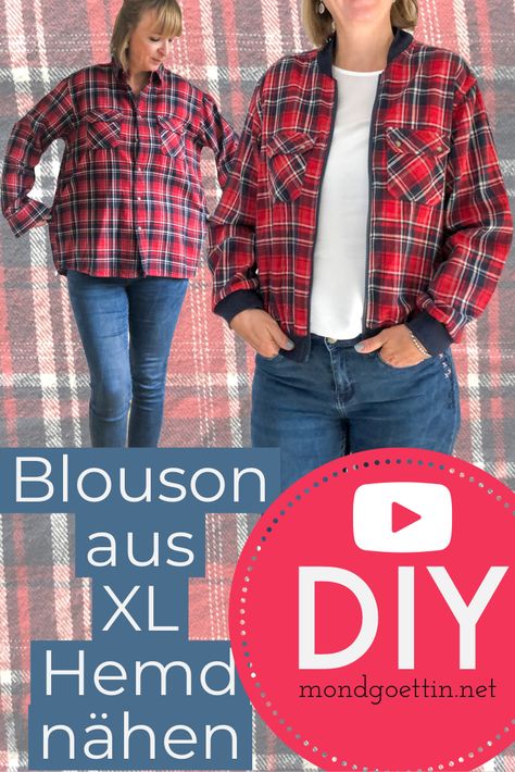 #upcycling Video: Coolen Blouson aus einem alten Hemd nähen. Shirt Thrift, Ropa Upcycling, Thrift Flip, Diy Sewing Clothes, Diy Couture, Upcycle Clothes, Sewing Clothes, Diy Fashion, Diy Sewing