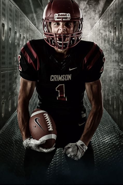 senior guy studio football gear Football Senior Banner Poses, Senior Football Banner Ideas, Football Banner Poses, Football Hype Pictures, Football Locker Room Photoshoot, High School Football Photoshoot, Football Boys Pictures, Football Individual Pictures, Football Poses For Pictures Youth