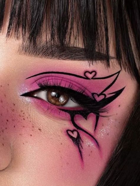 Red Black Makeup Goth, Pink Edgy Aesthetic Outfits, Pink And Black Halloween Makeup, Halloween Liner Ideas, Graphic Eyeliner Ideas Goth, Pink Black And White Makeup, Yungblud Makeup Inspired, Hot Pink Goth Makeup, Valentines Graphic Eyeliner