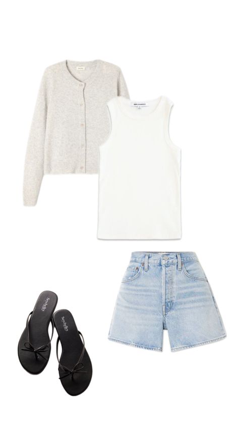 Embrace effortless style with this cozy summer look! 💖✨ Featuring classic blue jean shorts and a crisp white tank, this outfit is perfect for warm days. Layer it with a soft cream knit cardigan for that extra touch of warmth and texture. Complete the look with chic black sandals for a touch of sophistication. Ideal for a casual outing or a relaxed day at home! 🌼☀️ #SummerStyle #CasualOutfit #LayeringDoneRight Casual First Date Outfit, First Date Outfit, Cozy Summer, Cream Knit Cardigan, First Date Outfits, Outfit Collage, Blue Jean Shorts, Date Outfits, Summer Look