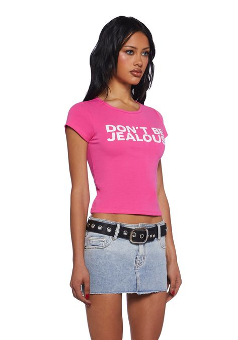 are you envious? This baby tee has short cap sleeves, a slim and cropped fit, and "don't be jealous" printed on the front. Sneaker Charms, 2000s Baby Tee, Paris Hilton Y2k, Jersey Shore Wedding, Punk Cyberpunk, Cyberpunk Goth, Faux Fur Outfit, Don't Be Jealous, Kiss Outfits