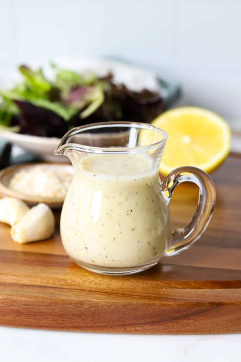 Easy Garlic Parmesan Dressing Garlic Parmesan Dressing, Parmesan Dressing Recipe, Garlic Ranch Dressing, Balanced Nutritionist, Protein Pasta Salad, Garlic Salad Dressing, Honey Lime Vinaigrette, Garlic Balsamic, Parmesan Salad