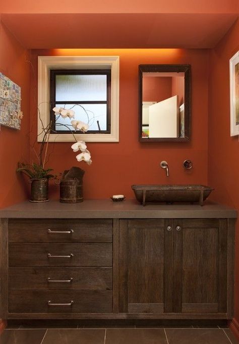 Burnt Orange Bathroom, Eclectic Bathroom Design, Orange Bathroom, Orange Bathrooms, Eclectic Bathroom, Brown Bathroom, Orange Walls, Bathroom Color, Rustic Bathrooms