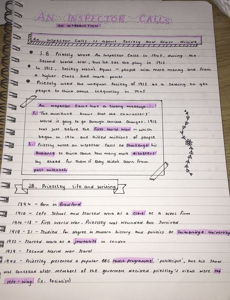 Revision Notes An Inspector Calls, School Notes Layout English, Cute Introduction Ideas, Cute Class Notes, Clear Post It Notes Aesthetic, Grade 9 English Notes, Interactive Notes Ideas, Study Sheet Aesthetic, Food Tech Revision Notes