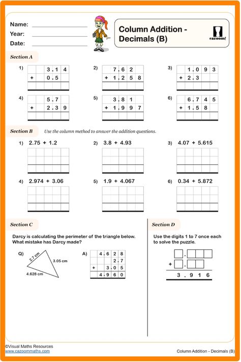 Column Addition Worksheet - Decimals Decimal Addition Worksheets, Year 6 Maths Worksheets, Column Addition, Year 6 Maths, Decimals Addition, Maths Fun, Decimal Numbers, Ks2 Maths, Adding Decimals