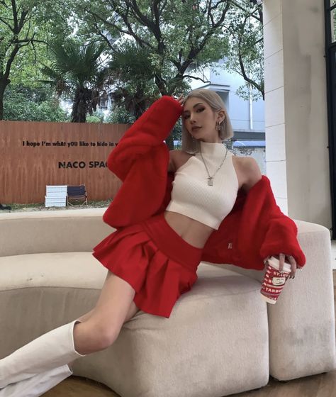 Pink Red Outfit, Red Aesthetic Outfit, Red Outfits, Girl Korean, Pakistani Dresses Casual, Rainbow Outfit, Women Bodycon Dress, Korean Fashion Dress, Ulzzang Fashion