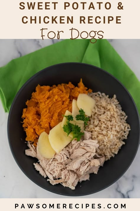 Homemade Chicken & Sweet Potato Dog Food Dog Food With Sweet Potato, Chicken And Sweet Potato Dog Food, Puppy Thanksgiving Food, Thermomix Dog Food, Meals For Dogs Homemade, Dog Food Chicken Recipes, Homemade Dog Food Recipes Chicken, Chicken Recipes For Dogs, Homemade Dog Food Chicken