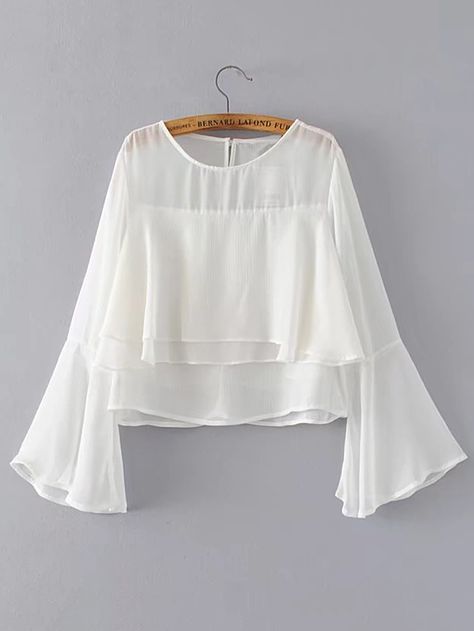 Shop Bell Sleeve Layered Chiffon Blouse online. SheIn offers Bell Sleeve Layered Chiffon Blouse & more to fit your fashionable needs. Floral Blouse Outfit, Sheer Chiffon Blouse, Stylish Short Dresses, Fashion Top Outfits, Fashion Tops Blouse, Trendy Fashion Tops, Stylish Party Dresses, Frocks For Girls, Fashion Hacks