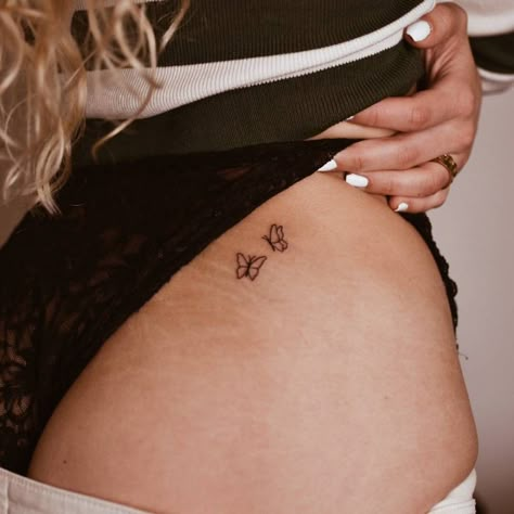 Butterfly Hips Tattoo, Small Simple Hip Tattoos, Butterfly Tattoo Hip For Women, Butterfly On Hip Tattoo, But Cheek Tattoos For Women, Butterfly Hip Tattoos Women, Butterfly Bum Tattoo, But Cheek Tattoo, Bum Cheek Tattoo Women