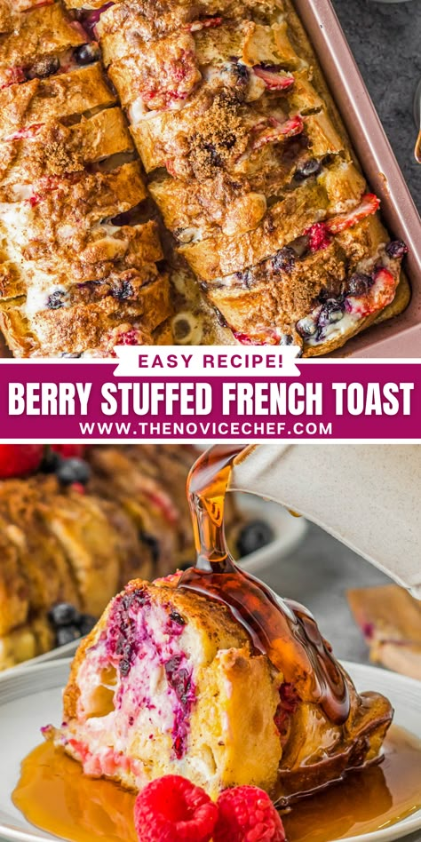 Thick slices of French bread are slathered with sweet cream cheese and tangy berries to create this irresistible Berry Stuffed French Toast! It is the best way to start off your weekend! Berry Stuffed Croissant French Toast, Berry Cream Cheese French Toast Casserole, Baked Stuffed French Toast, Stuffed French Toast Bake, Overnight Stuffed French Toast, Stuffed French Toast Casserole, Gourmet French Toast, Easy Stuffed French Toast, Berry French Toast Bake