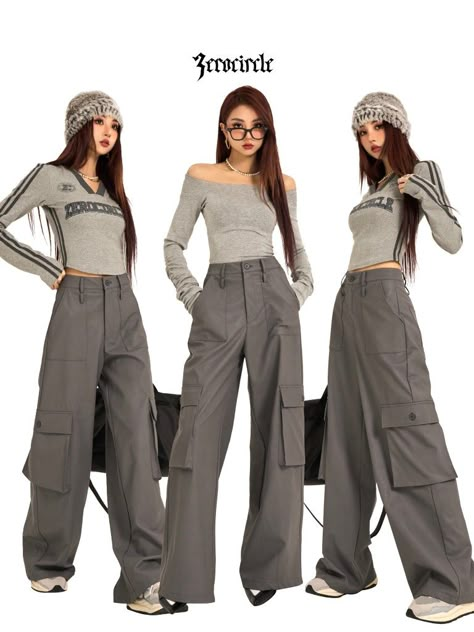 Gray Cargos Outfit, Kpop Fashion Women, Grey Pants Outfit, Outfit Korean Style, Fasion Outfits, Street Wear Urban, Kpop Fashion Outfits, Hot Outfits, Girls Fashion Clothes