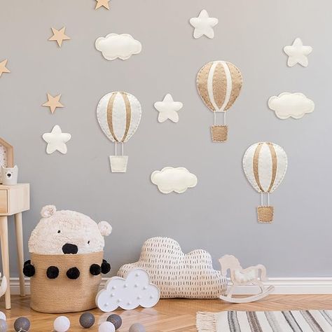 Wall Decor: these felt hot air balloon decorations add charm to a room when applied as nursery wall decoration, bedside wall decoration in the bedroom, or living room wall decoration; Can also be hung together and applied as pull flags Neutral Hot Air Balloon Nursery, Balloon Nursery Decor, Hot Air Balloon Nursery Decor, Air Balloon Nursery, Cloud Nursery Decor, Balloon Nursery, Cloud Nursery, Room Boy, Western Wall Decor