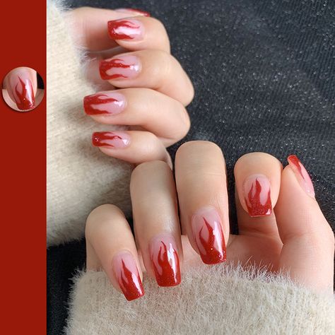 Evelynn Core, Red Flames Nails, Red Flame Nail Designs, Flame Almond Nails, Nail Art Edgy, Red Flame Acrylic Nails, Nail Fire Art Red, Red Themed Nails, Red Fire Nails