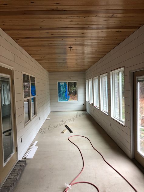 Tongue And Groove Mudroom, Shiplap Porch Walls, Pine Tongue And Groove Ceiling Porch, White Tongue And Groove Walls, Wood Tongue And Groove Walls, Tung And Groove Ceiling, Planking Ceiling, Sunroom Ceilings, Painted Tongue And Groove Walls