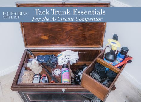 Tack Trunk Essentials for Every A-Circuit Competitor - Equestrian Stylist Tack Box Organization, Tack Trunk Ideas, Tack Trunk Organization, Horse Tack Boxes, Equine Studies, Diy Storage Trunk, Barn Organization, Tack Locker, Trunk Ideas