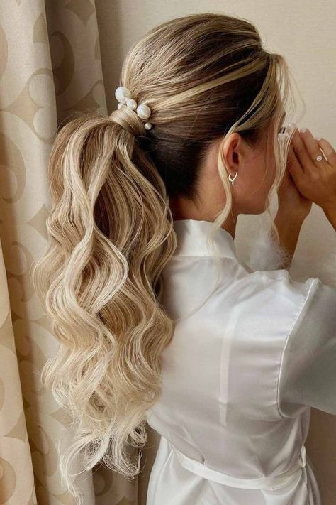 Easy Long Hairstyles For Valentines Day ★ Hair For Aline Wedding Dress, Bride Wedding Hair Ponytail, Wedding Day Hair Ponytail, Bridal Ponytail With Veil Wedding Updo, Wedding Hair Styles Ponytail, Bride With Ponytail And Veil, Bridal Hairstyles Ponytail With Veil, Long Wedding Ponytail, Hairstyles Ponytail Wedding