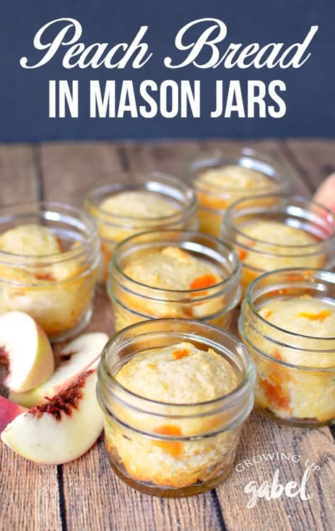 Quick and Easy Peach Bread Baked in Jars Canned Peach Pie Filling, Easy Peach Bread, Canned Peach Pie, Jar Pies, Mason Jar Baking, Mason Jar Desserts Recipes, Mason Jar Pies, Mason Jar Cakes, Mason Jar Recipe