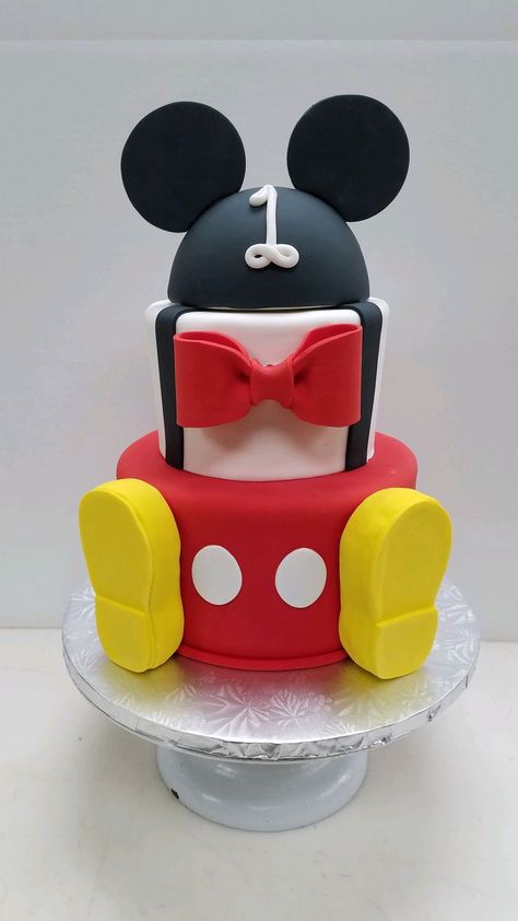 Mickey Mouse Cake 2 Tier, Mickey Shoes, Black Fondant, Friends Cake, Mickey Mouse Cake, Ear Hats, Mickey And Friends, Rice Krispies, Themed Cakes