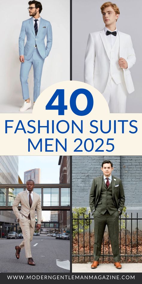 Stay sharp with these fashion-forward suit ideas for men. Perfect for any occasion, from weddings to formal events. #MensSuits #FashionTrends Men’s Suit Styles, Mens Spring Suits, Men’s Suit Outfit, Mens Suits Style Modern Classy 2024, Best Suit Colors For Men, Suit Colors For Men Wedding, Men’s Suits Trends 2024, Classy Suits Men, Men Suit Ideas